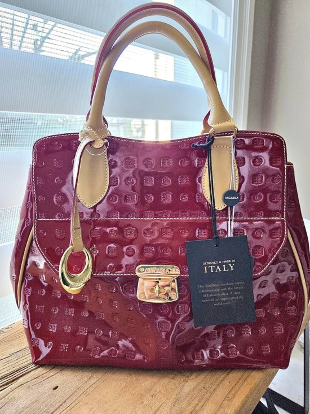 Arcadia D'Italia Patent SV Leather Tote in Deep Red & Tan NWT